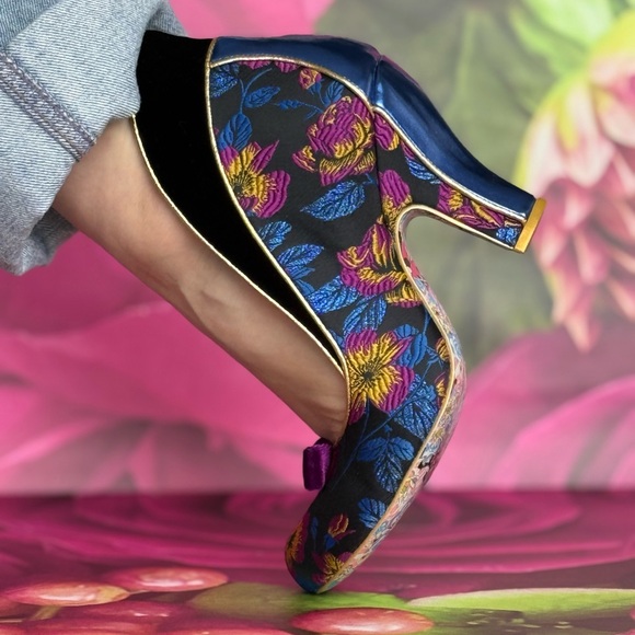 Floral Velvet Shoes unique Victorian heel couture theatrical piece retro style - Picture 3 of 13